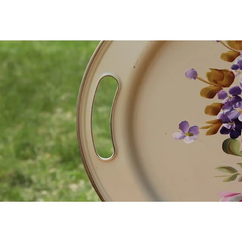 Nashco Tole Painted Metal Tray Vintage Hand Painted Floral Toleware Beige